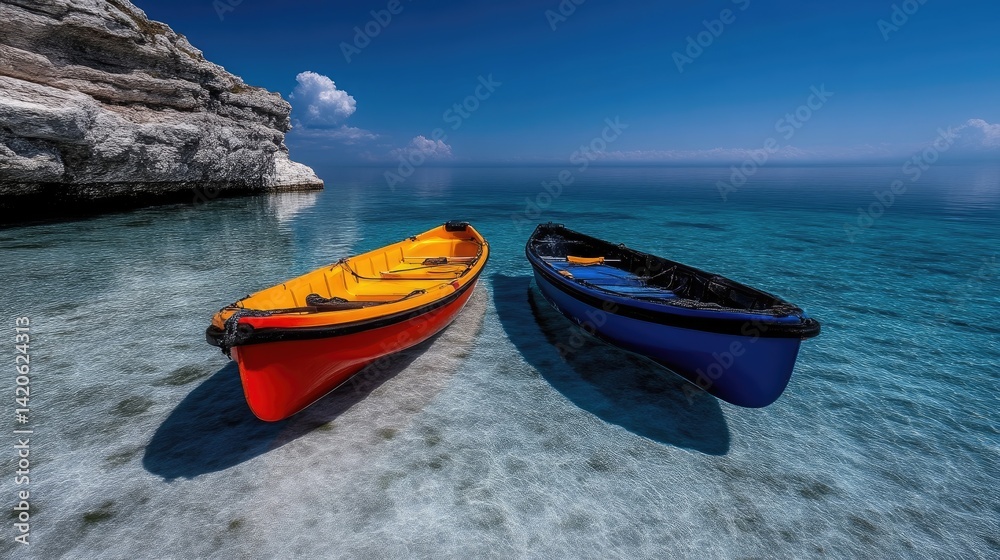 Two colorful kayaks rest gently on a tranquil lake, near a dramatic cliff face. Crystal-clear water reflects the bright blue sky Two colorful kayaks rest gently on a tranquil lake, near a dramatic cliff face. Crystal-clear water reflects the bright blue sky