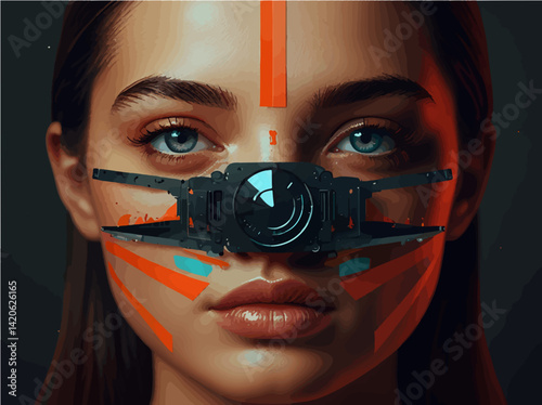 Futuristic Portrait of a Woman with High-Tech Facial Features