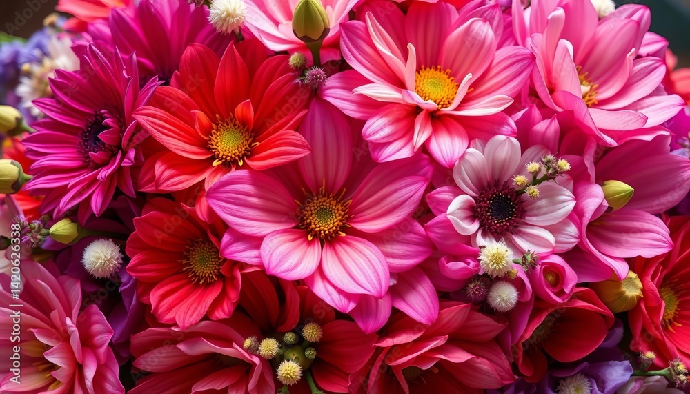 Fototapeta premium Intricate floral arrangement, vibrant blooms close-up, photography, botanical
