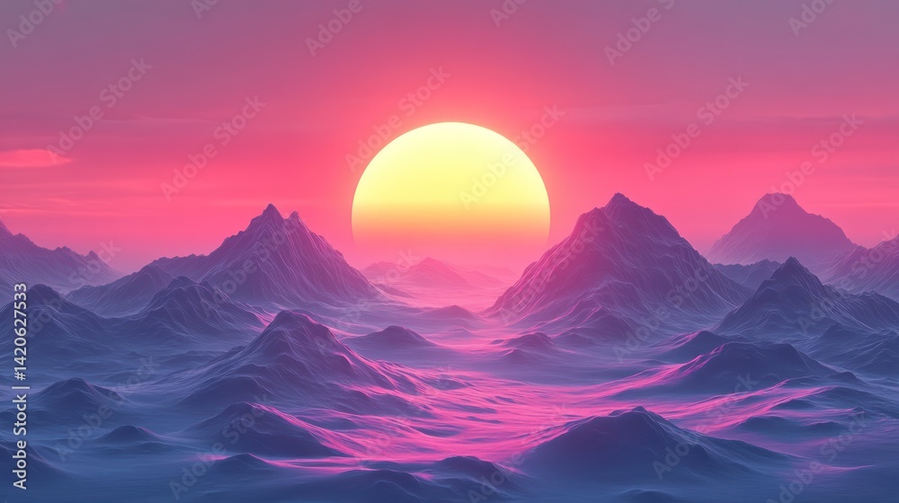 Spectacular alpine vista with an expansive sun dominating the pink and purple sky