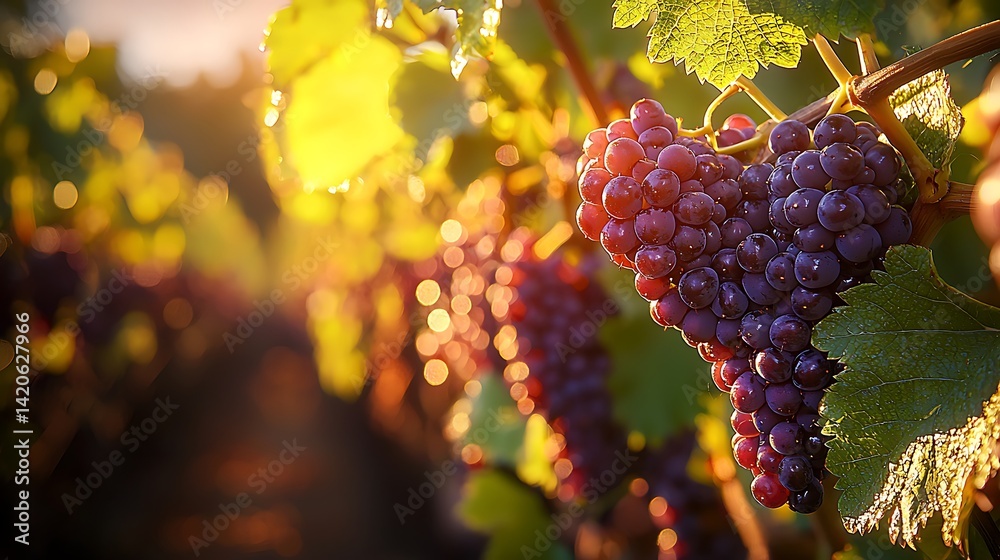 Naklejka premium Sunset Vineyard Grapes Harvest: Ripe Red Wine Grapes Hanging on Vine at Golden Hour