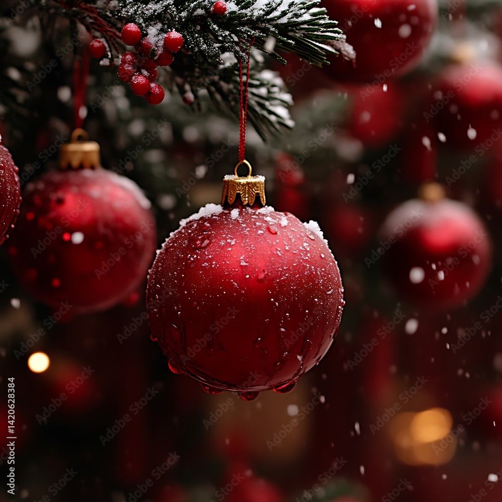Snowy red ornaments adorn a Christmas tree Snowy red ornaments adorn a Christmas tree