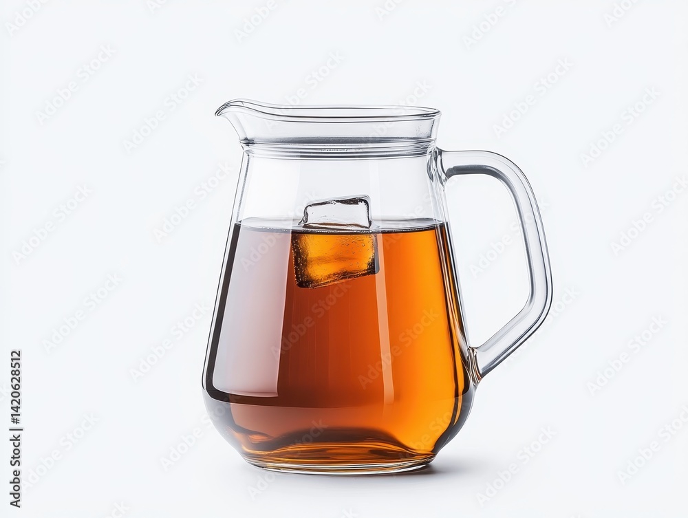 Transparent glass pitcher with amber liquid and ice cube Transparent glass pitcher with amber liquid and ice cube