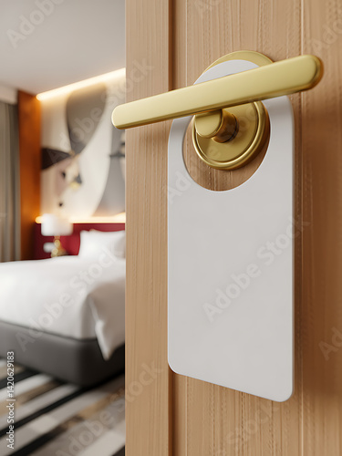 Door with a do not disturb sign hanging in a modern hotel room featuring a cozy bed, stylish decor, and warm lighting for a comfortable stay experience