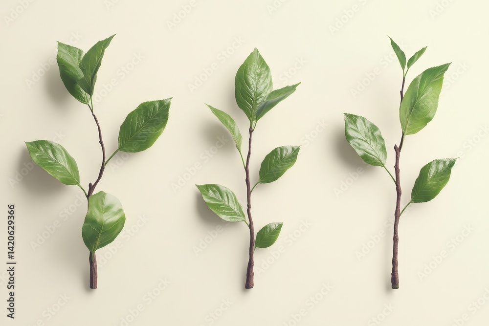 Obraz premium Fresh, vibrant sprigs of greenery arranged on a light beige background.