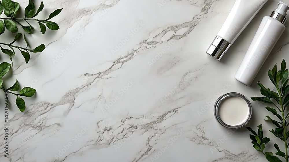 Skincare products arrange on marble background demonstrating beauty routine flatlay