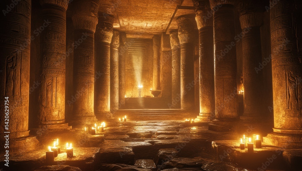 Fototapeta premium Ancient Egyptian temple interior illuminated by candlelight