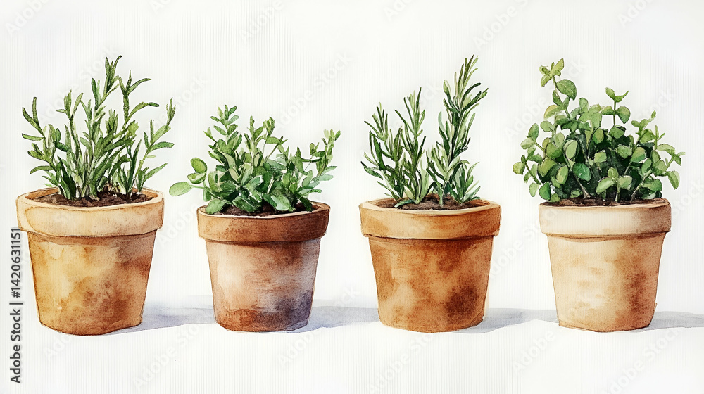 Fototapeta premium Four potted herbs on white background. Kitchen gardening, cooking, recipe illustration