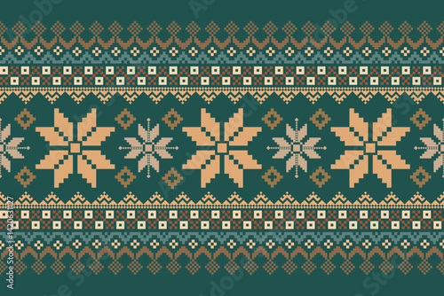 Cross Stitch Geometric ethnic patterns. Design for Saree, Patola, Sari, Dupatta, dupatta, Clothing, fabric, batik, Knitwear, Embroidery, Pixel ethnic pattern. Traditional Design.