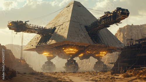 Levitating alien pyramid with mechanical arms in desert canyon under construction  
