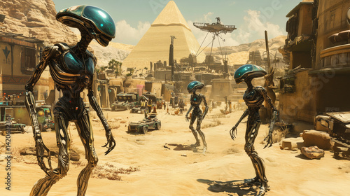 Alien robots walking through futuristic desert village near ancient pyramid  
