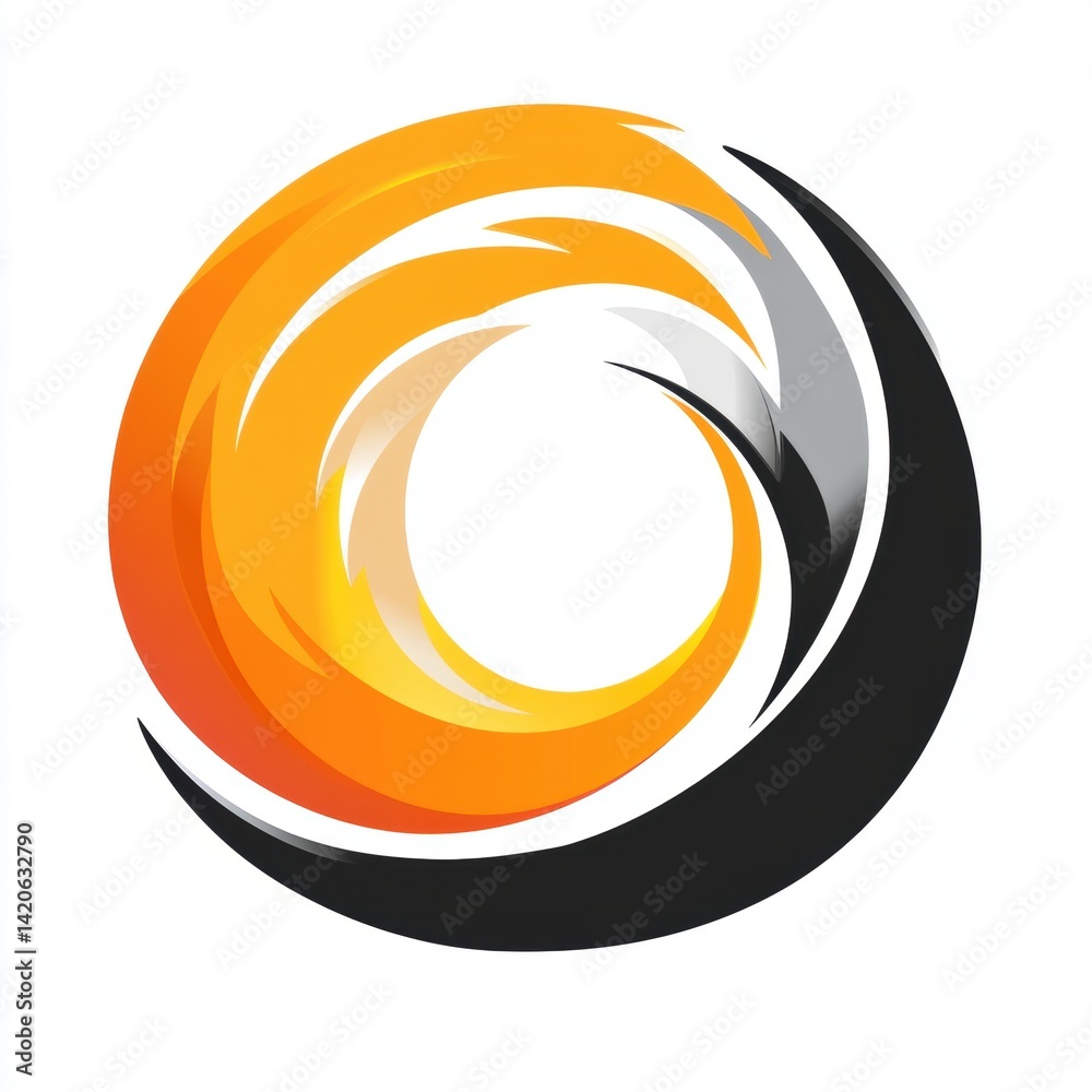 Dynamic abstract circle symbol with orange, yellow, gray, and black swirling elements in a modern design Dynamic abstract circle symbol with orange, yellow, gray, and black swirling elements in a modern design