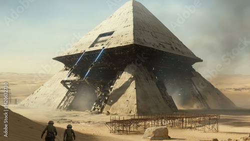 Mysterious alien pyramid uncovered in desert with glowing energy beams  

