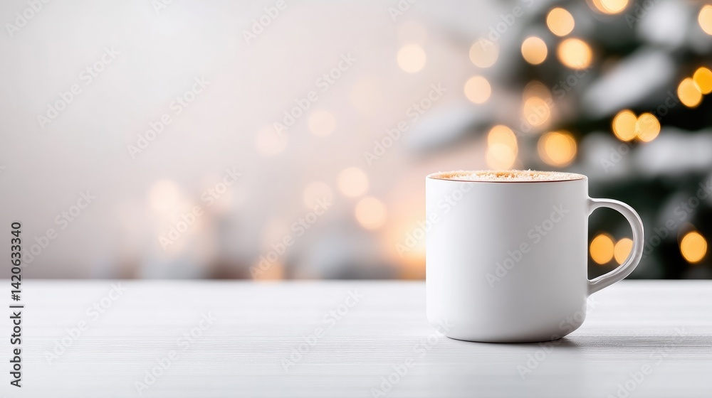 Obraz premium A white ceramic mug of hot beverage on a wooden table, blurred festive Christmas tree with lights in the background, and cozy winter holiday setting.