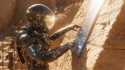 Futuristic alien decoding ancient glyphs on stone wall in desert ruins  
