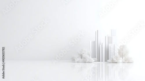 Minimalist city model in white. A 3D rendering of a city in a monochromatic color palette, showcasing clean lines and simple geometric shapes.  