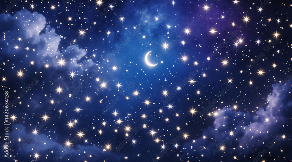 Obraz premium Enchanting Starry Sky in Anime Aesthetic Featuring Purple Night Tones Luminous Moon and Cloud Layers in a Beautiful Atmospheric Nighttime Composition Premium Illustration