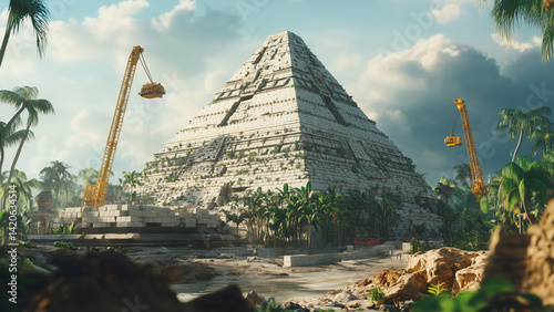 Ancient jungle pyramid under reconstruction with modern cranes and tropical plants  
