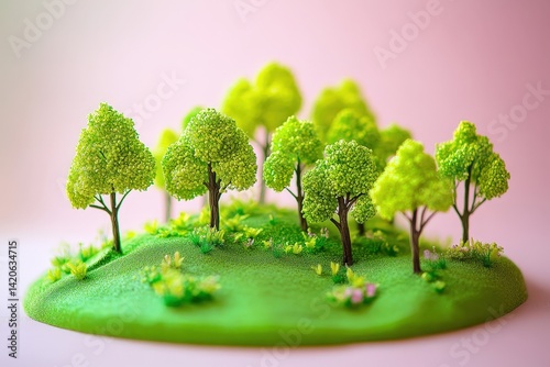 Miniature green forest nestled on a grassy hill. photo