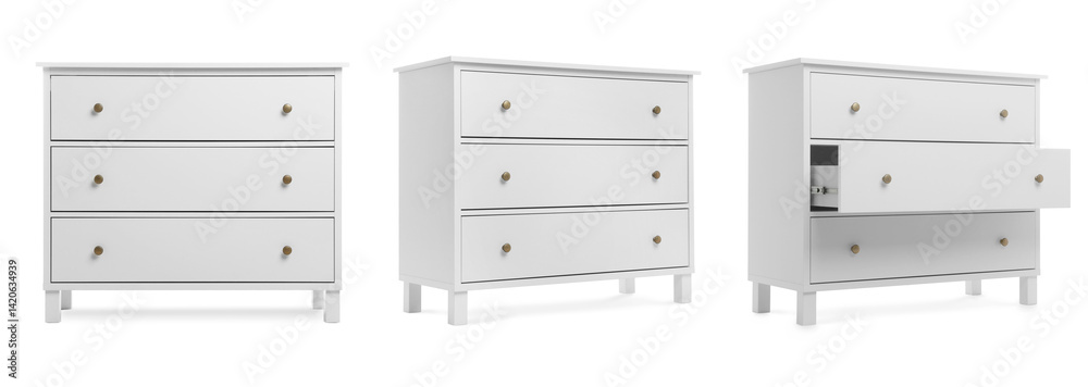 White chest of drawers isolated on white, collage. Stylish furniture
