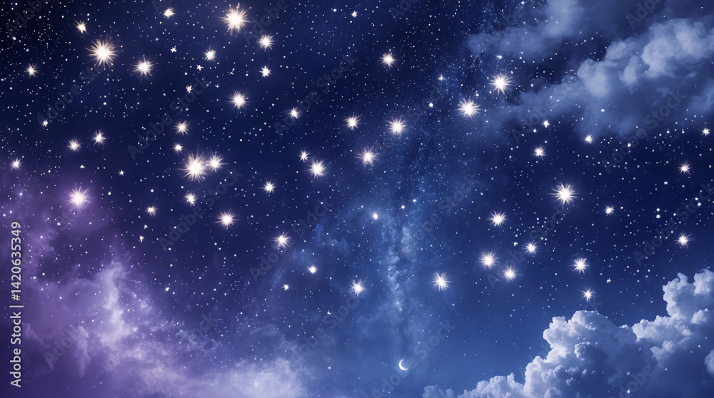 Obraz premium Soft Clouds Drift Over Anime Style Night Sky with Purple Stars and Gentle Moonlight Creating a Quiet and Emotional Celestial Painting Premium Illustration