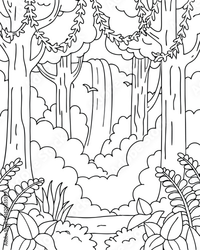 Waterfall in Rainforest Coloring Page