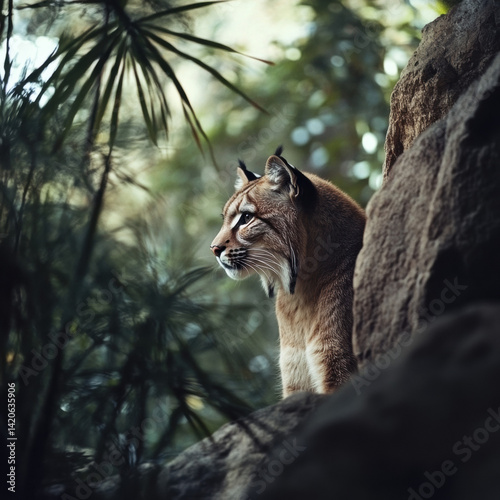 Lynx in Dense Wilderness Habitat, Alert and Observing from Rocky Outcrop