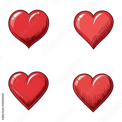 Four Expressive Red Hearts with Hand-Drawn Details for Affectionate Designs