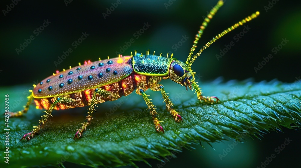 Naklejka premium Vibrant Jewel Beetle on Lush Leaf