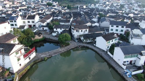 aerial view of Xinye old town in Jiande Hangzhou city Zhejiang province China. High quality 4k footage photo