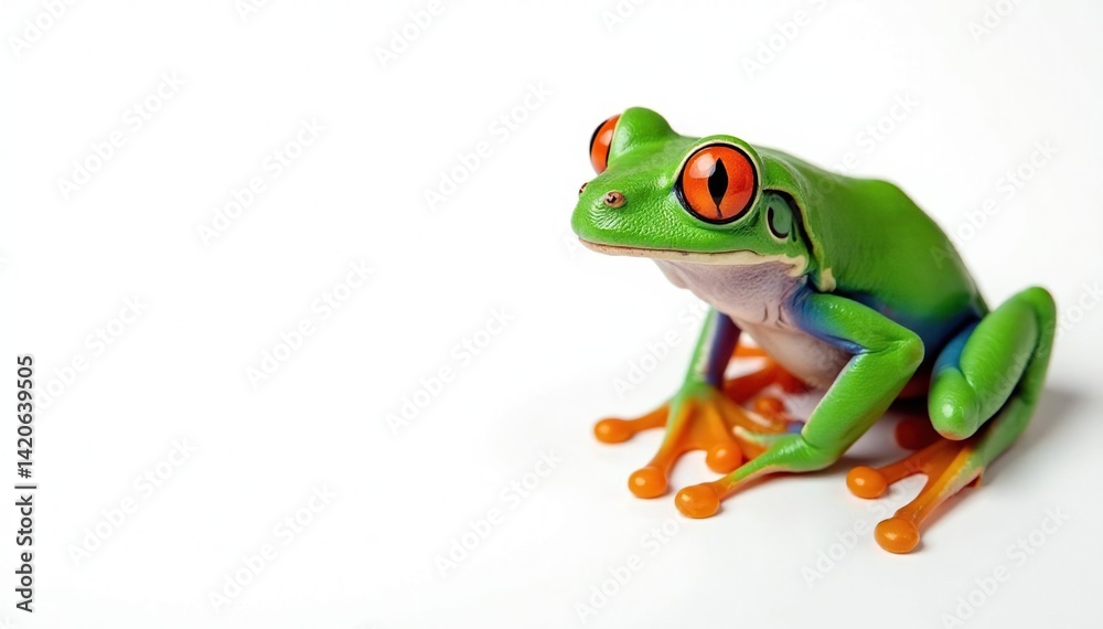 Obraz premium Green tree frog perched on white, vibrant colors, white background, green frog