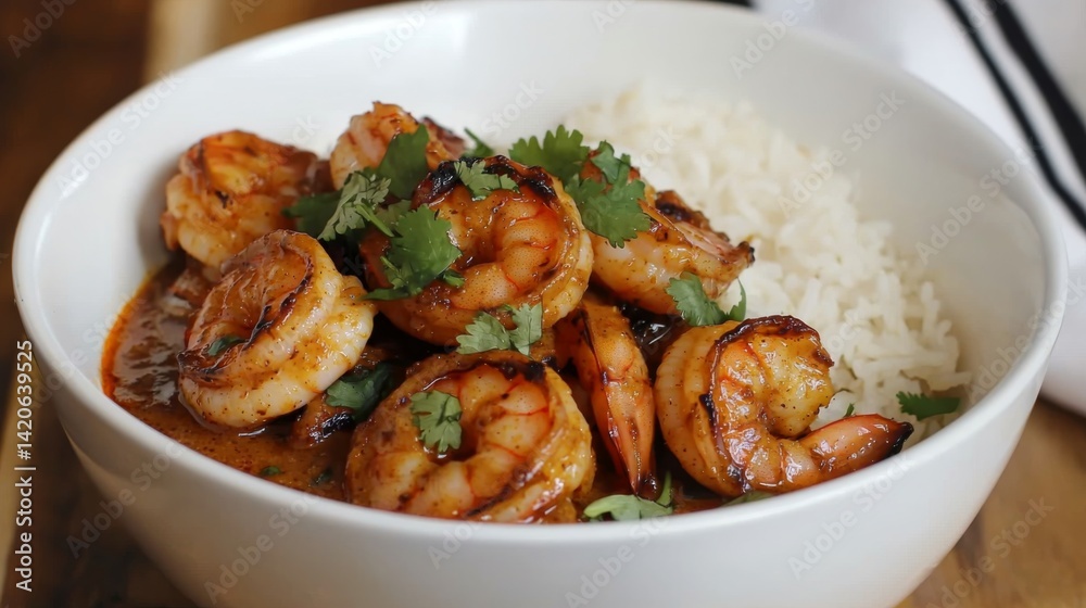 prawn curry served in a white bowl, showcasing roasted prawns in a flavorful sauce, garnished with cilantro and accompanied by a lime wedge prawn curry served in a white bowl, showcasing roasted prawns in a flavorful sauce, garnished with cilantro and accompanied by a lime wedge