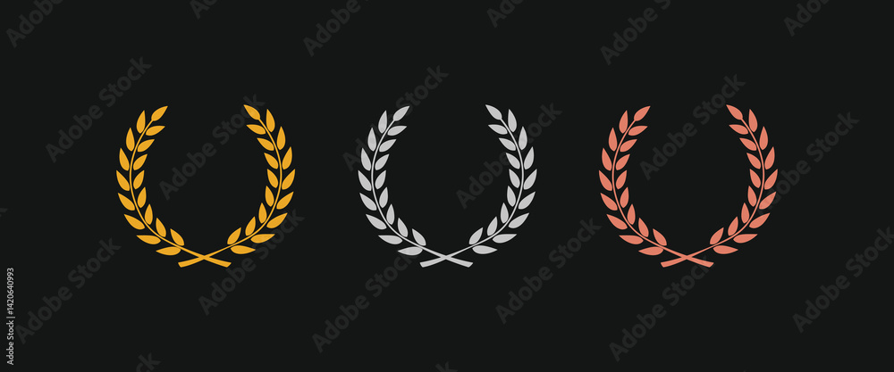 Obraz premium Gold award laurel wreath and set of different golden, silver, and bronze laurel wreaths vector illustration. Luxury templates for glamour product presentation, winner ceremony.