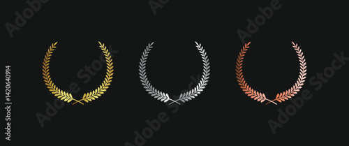 Laurel wreath of victory icon, set of gold, silver, and bronze medals on black background, laurel frame ranking decoration. Vector illustration