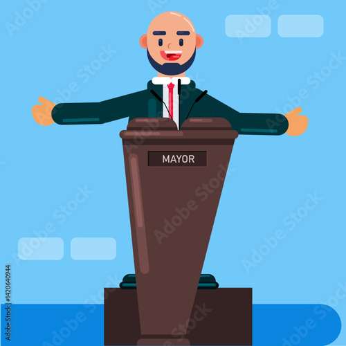 The mayor is giving a speech in front of the residents