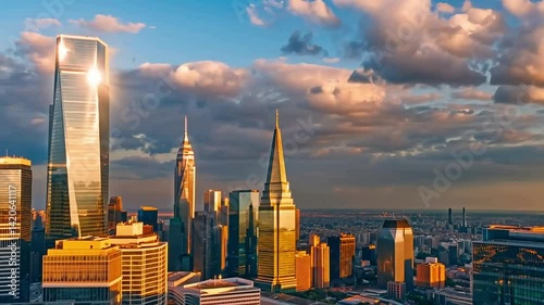 Aerial footage of the city centre at sunrise