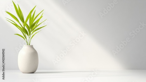 Minimalist vase with greenery, sunlit backdrop