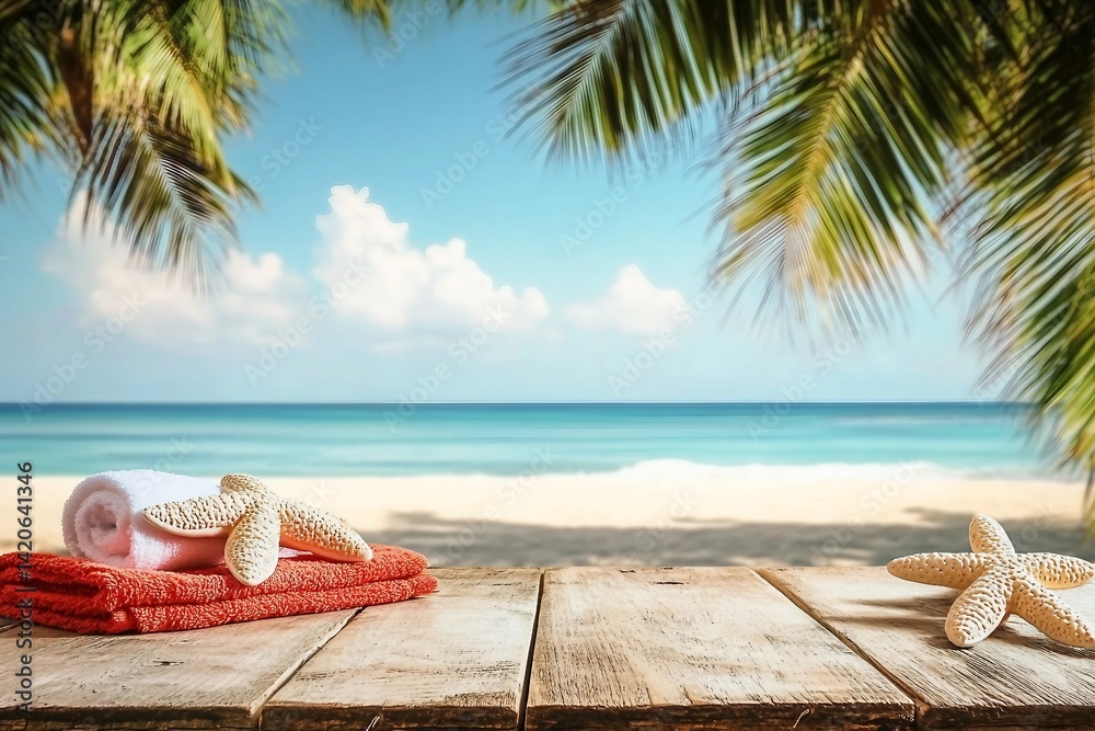 Obraz premium Wooden old desk of free space for your decoration. Summer towel and landscape of beach with palms. Summer suny day.
