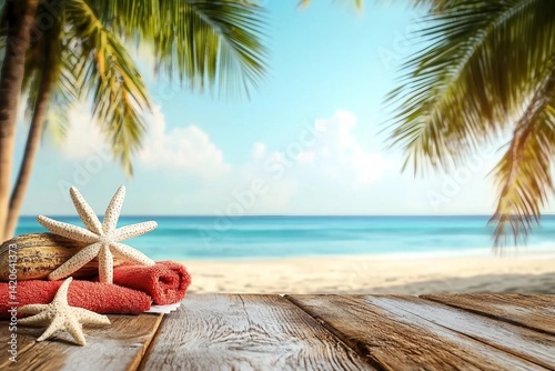 Fototapeta Naklejka Na Ścianę i Meble -  Wooden old desk of free space for your decoration. Summer towel and landscape of beach with palms. Summer suny day.
