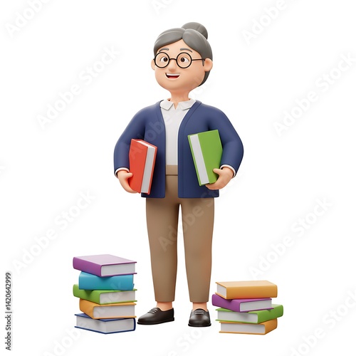 3D Cartoon Senior Female Librarian Holding Books photo