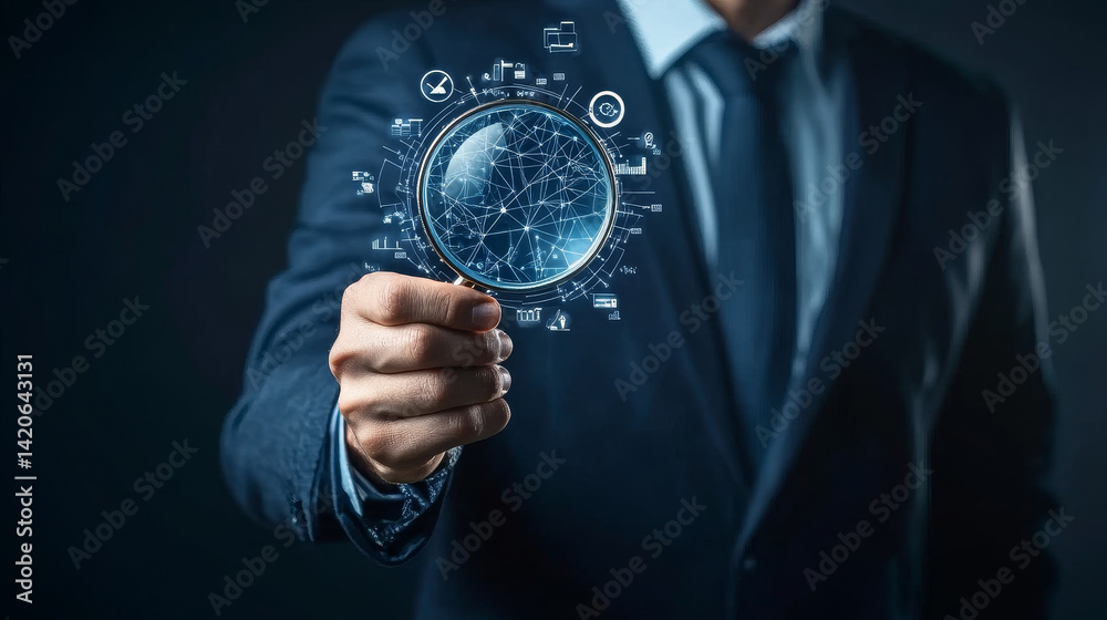 Fototapeta premium Businessman depicted examining safety and compliance elements with a magnifier, emphasizing risk management and operational efficiency through symbolic icons