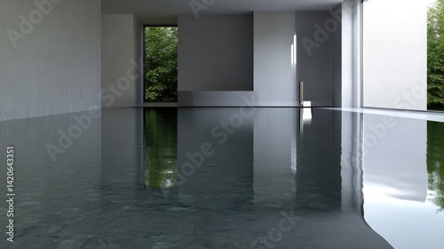 Modern minimalist indoor pool with large windows.  Tranquil interior design reflecting nature's beauty
