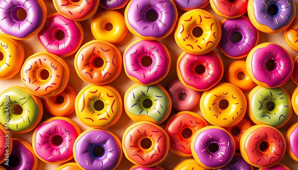 Fototapeta premium Colorful cartoon donuts forming a seamless repeating pattern, blue, donuts