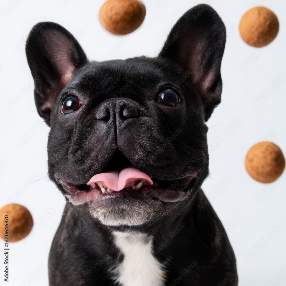 French bulldog with balls around it on white background French bulldog with balls around it on white background