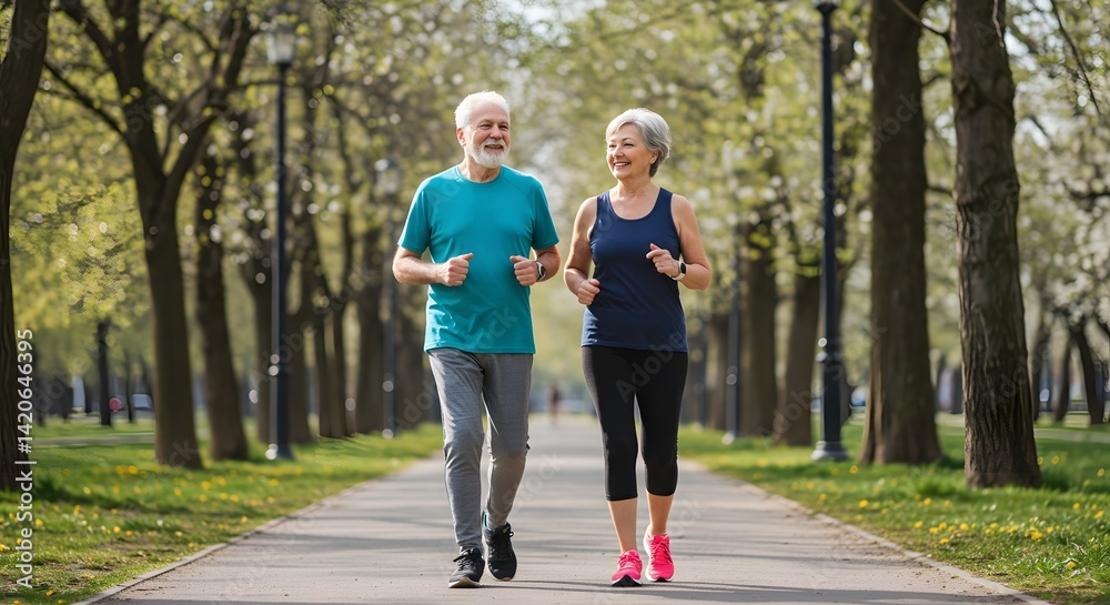 Obraz premium Active seniors stay healthy by jogging outdoors on a park path lined with trees.