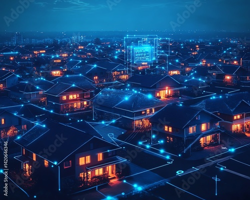Smart homes connected digitally at night. Futuristic neighborhood network.