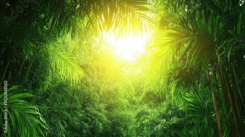 Lush jungle canopy, sunlight filtering through leaves.  Possible use Nature wallpaper, background image photo