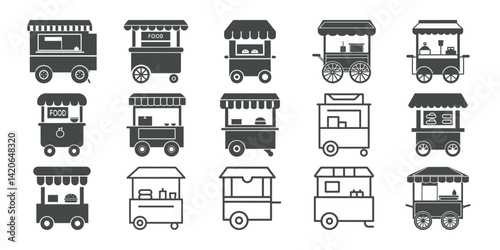 Various food carts are shown in different designs with simple canopies and wheels lined up in a flat black and white style