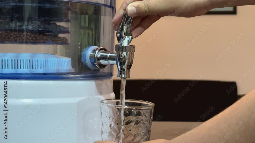 Niño llenando vaso de agua de un purificador o filtro.