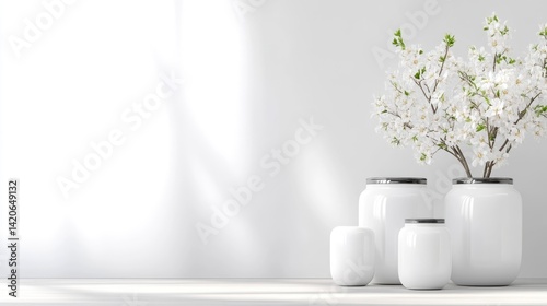 White Ceramic Vases with Spring Blossoms Minimalist Style High-Key Lighting Wide Shot Subtle Textures Decorative Arrangement Bright White Wall Soft, Serene Mood Ideal for Home Decor Catalogs